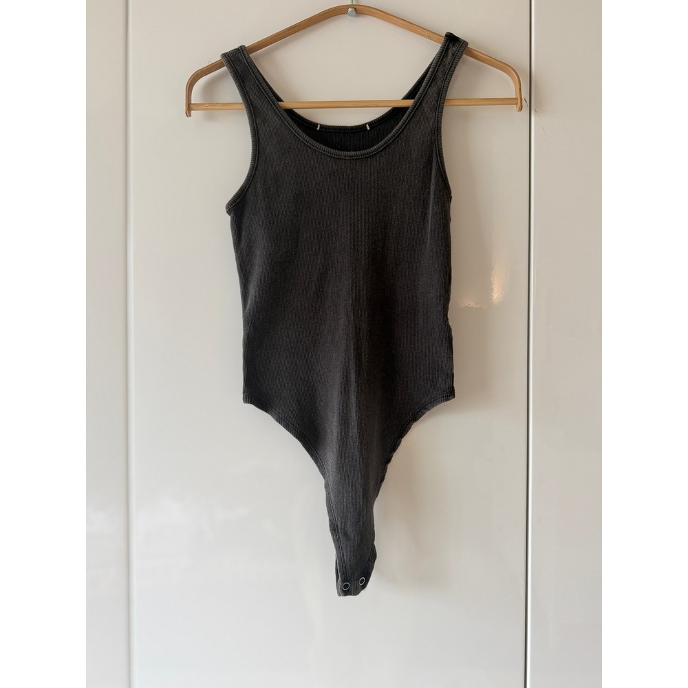 Ribbed Cotton Tank Bodysuit Charcoal Gray Snap Closure Size S
